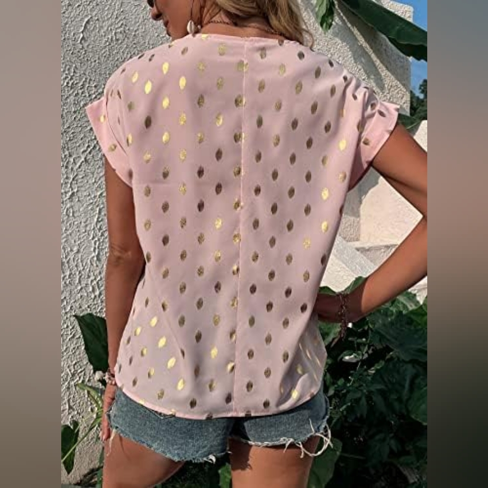 Guipure Lace, Gold Metallic Print, Soft Pink Blouse - Picture 6 of 13